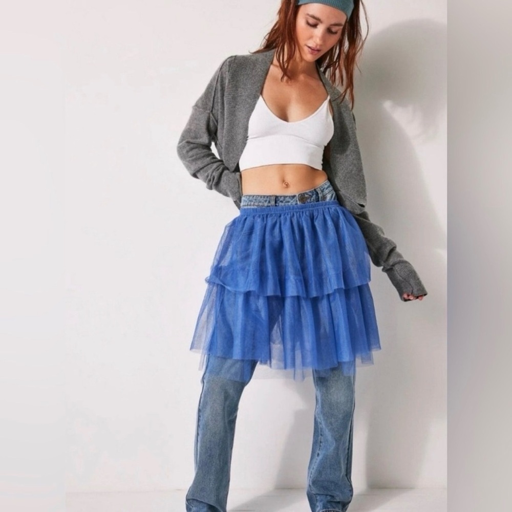 Free People Intimately Carrie Tulle Half Slip Ruffle Tiered Skirt Blue Sz Small